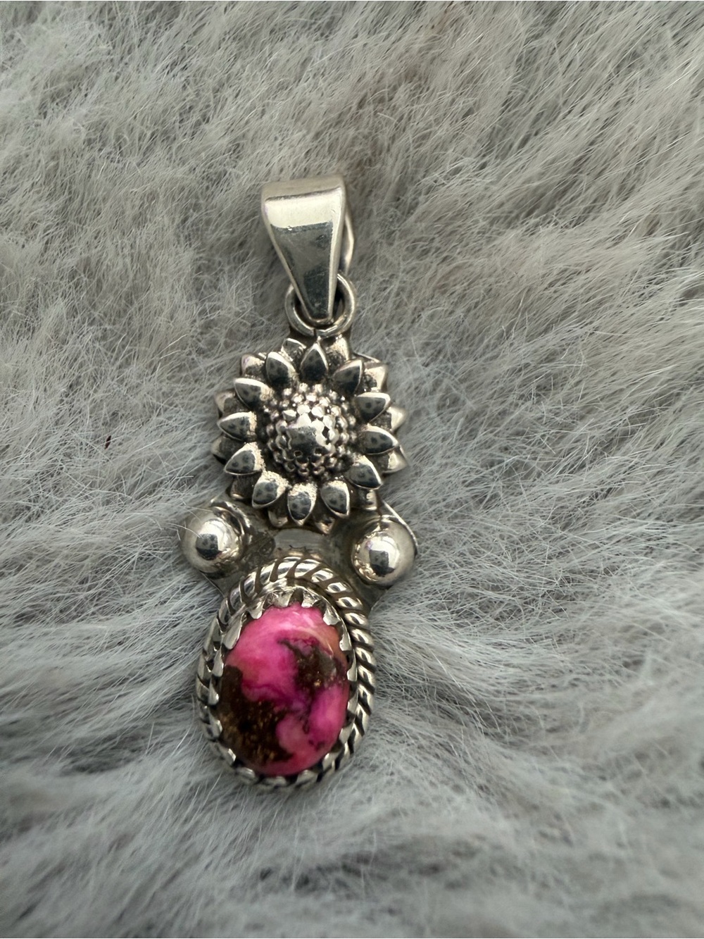 JBH 925 Sterling Silver Pink Jasper Sunflower Floral Pendant Southwestern Boho